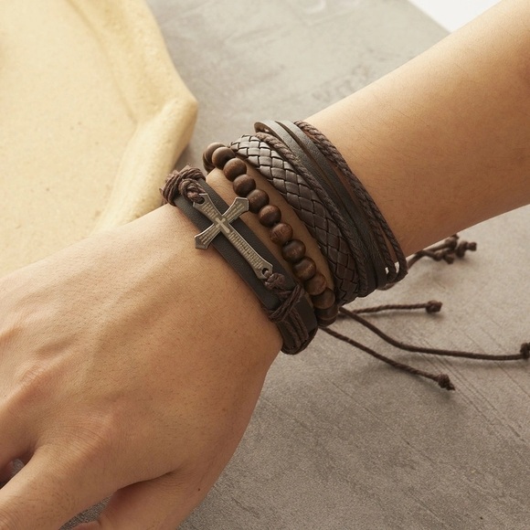 Brown Leather and Bead Bracelet Set - Picture 1 of 3